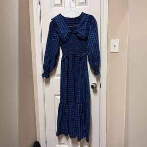 Mango Blue Gingham Smocked Long Sleeve Maxi Dress